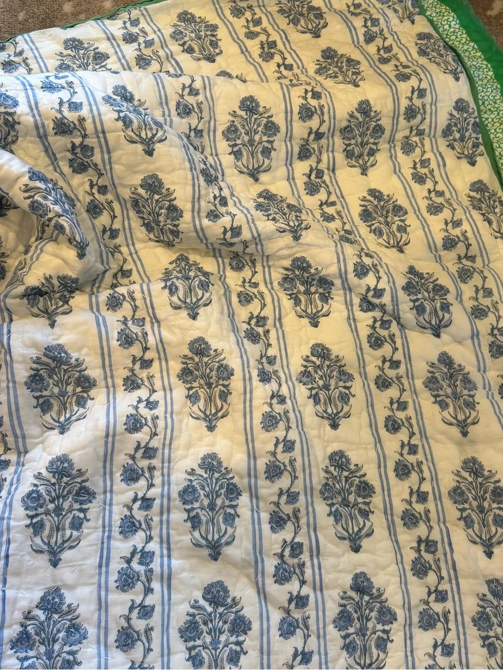 Roller Rabbit Cream and Blue Floral Quilted Throw with Green Border